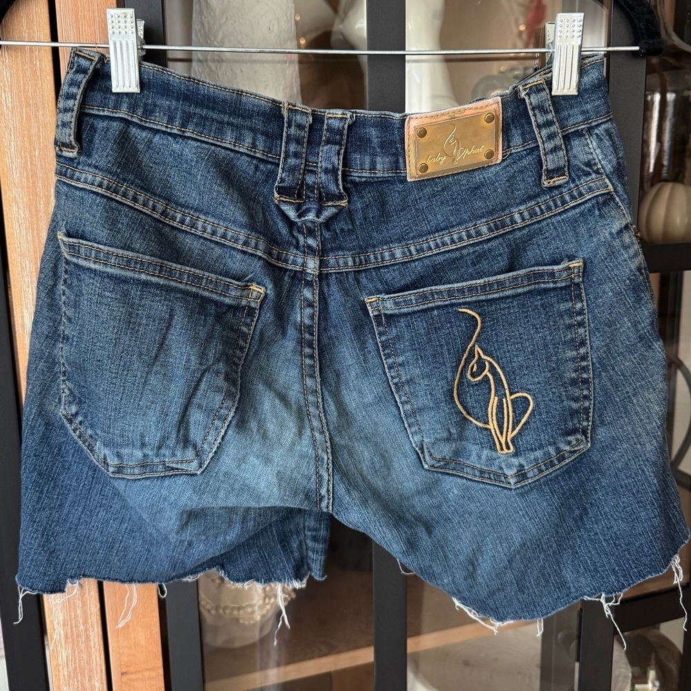 Vintage Baby Phat denim shorts cutoff y2k embroidered logo buckle cat jean wash